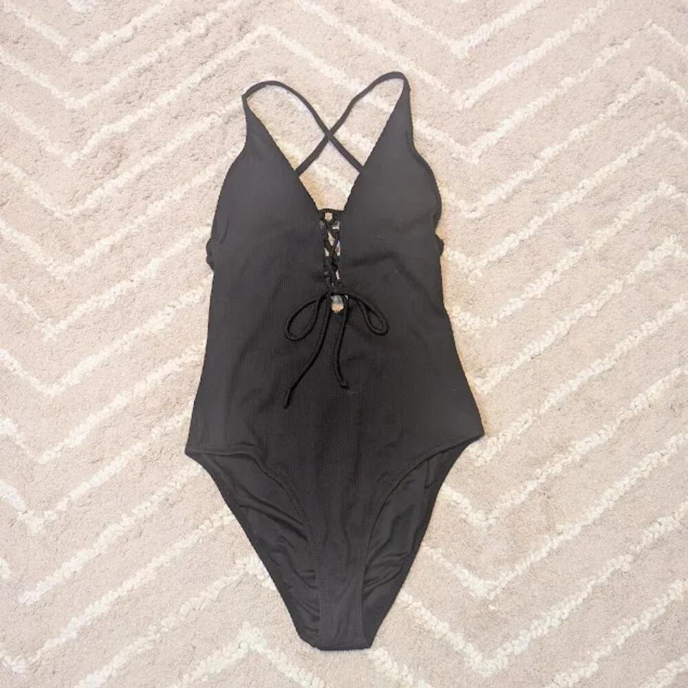 Women's Solid Color V Neck Lace Up One Piece Swimsuit Size M